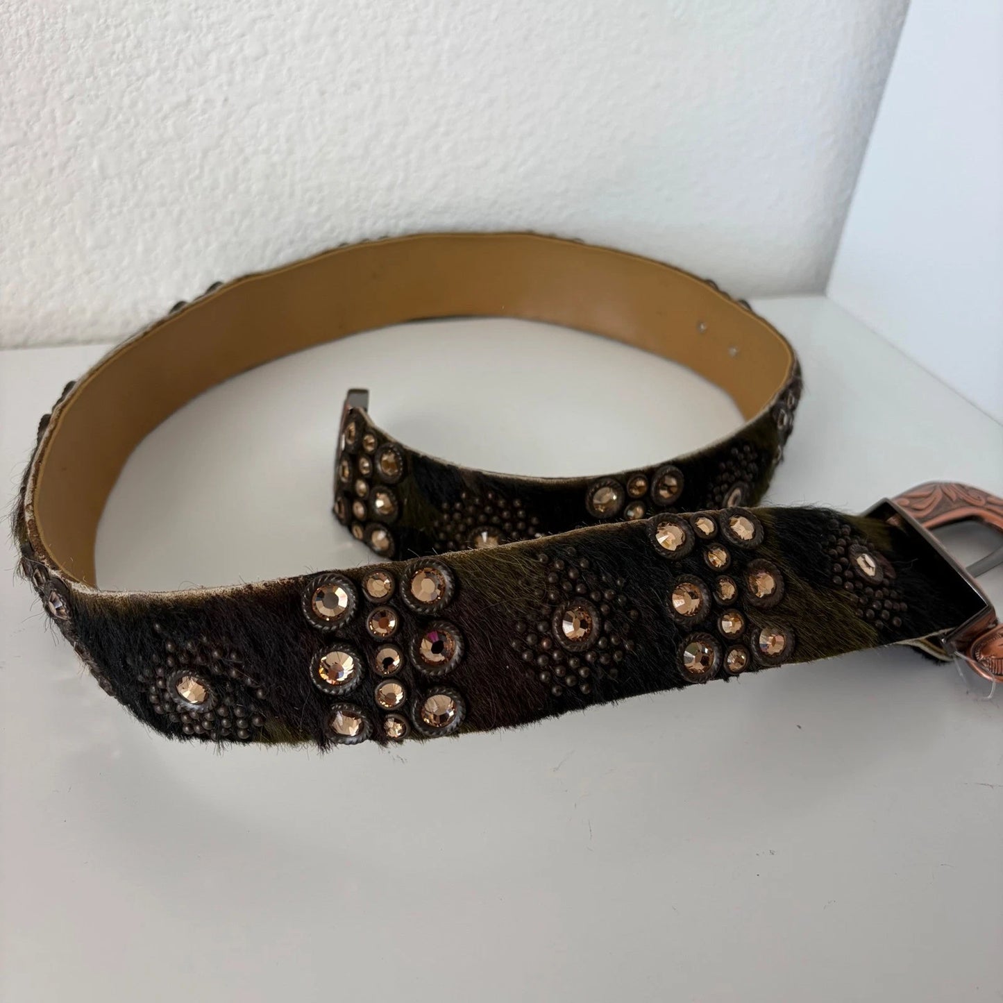 Rhinestone Floral Hair-On Hide Statement Belt - Western