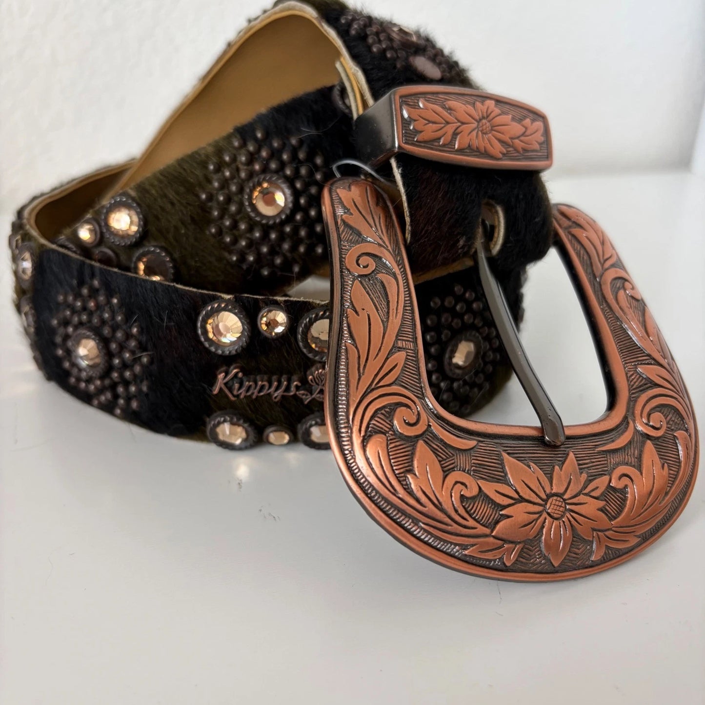 Rhinestone Floral Hair-On Hide Statement Belt - Western