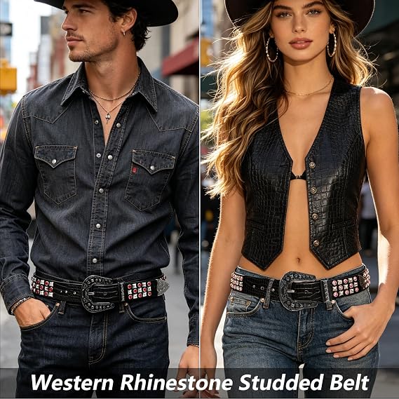Rhinestone Studded Crocodile Pattern Belt - Punk Western