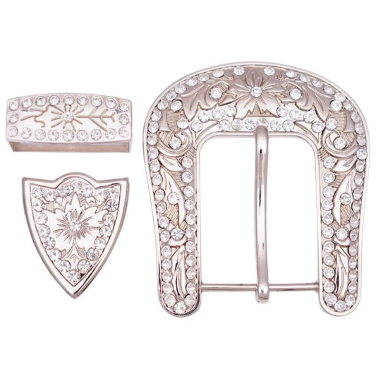 Rhinestone Western Belt Buckle Set - Floral Bling 3-Piece for 1.5" Straps