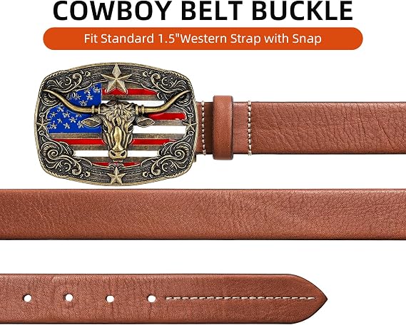 Longhorn Bull Rodeo Belt Buckle - American Flag Detail
