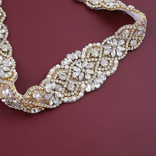 Rose Gold Rhinestone Wedding Sash Belt - Bridal Gown Belt