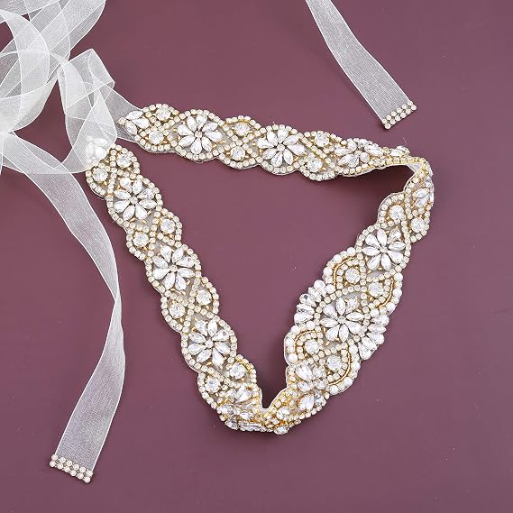 Rose Gold Rhinestone Wedding Sash Belt - Bridal Gown Belt