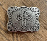 Scrolling Cross Filigree Western Belt Buckle - Antique Silver