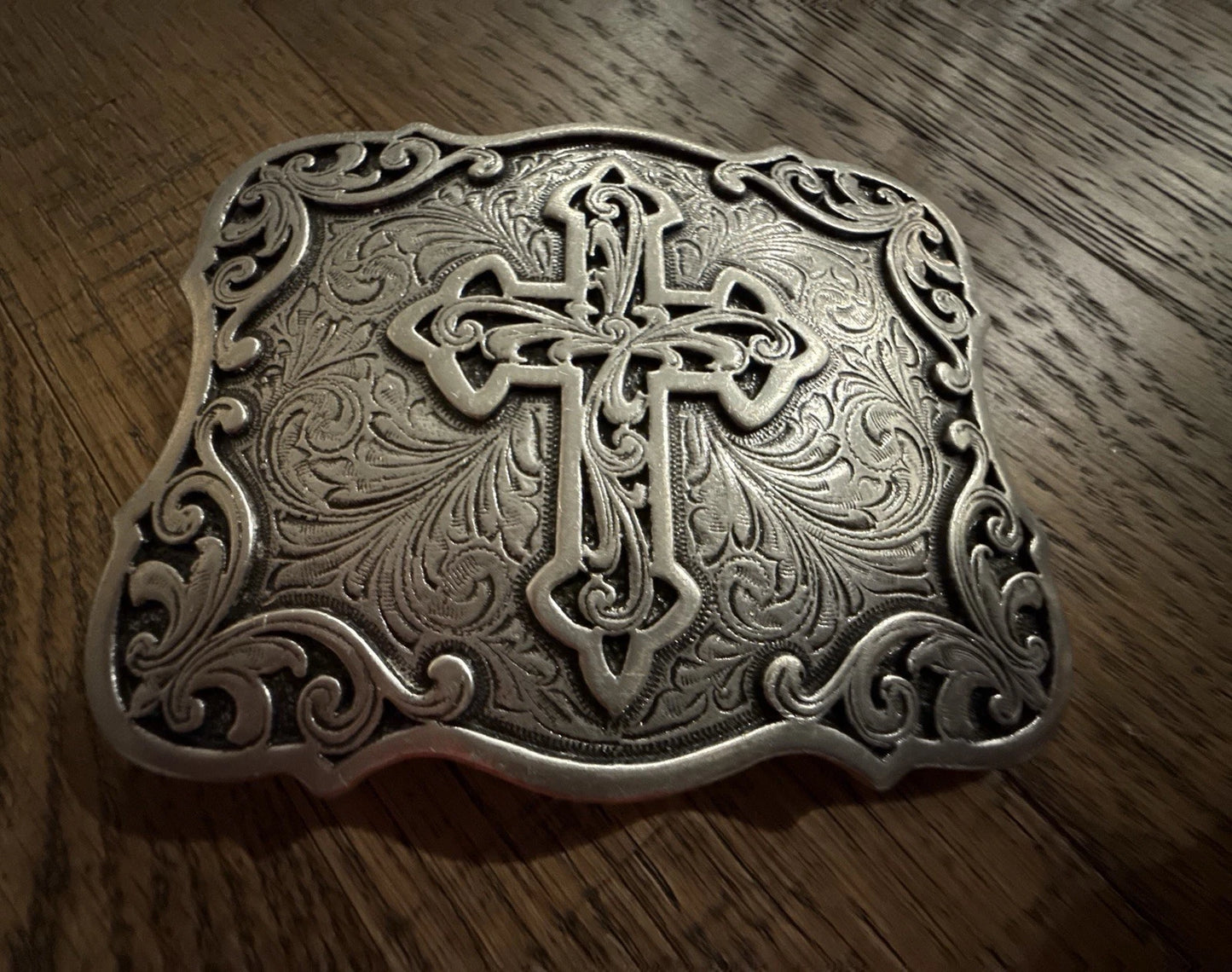 Scrolling Cross Filigree Western Belt Buckle - Antique Silver