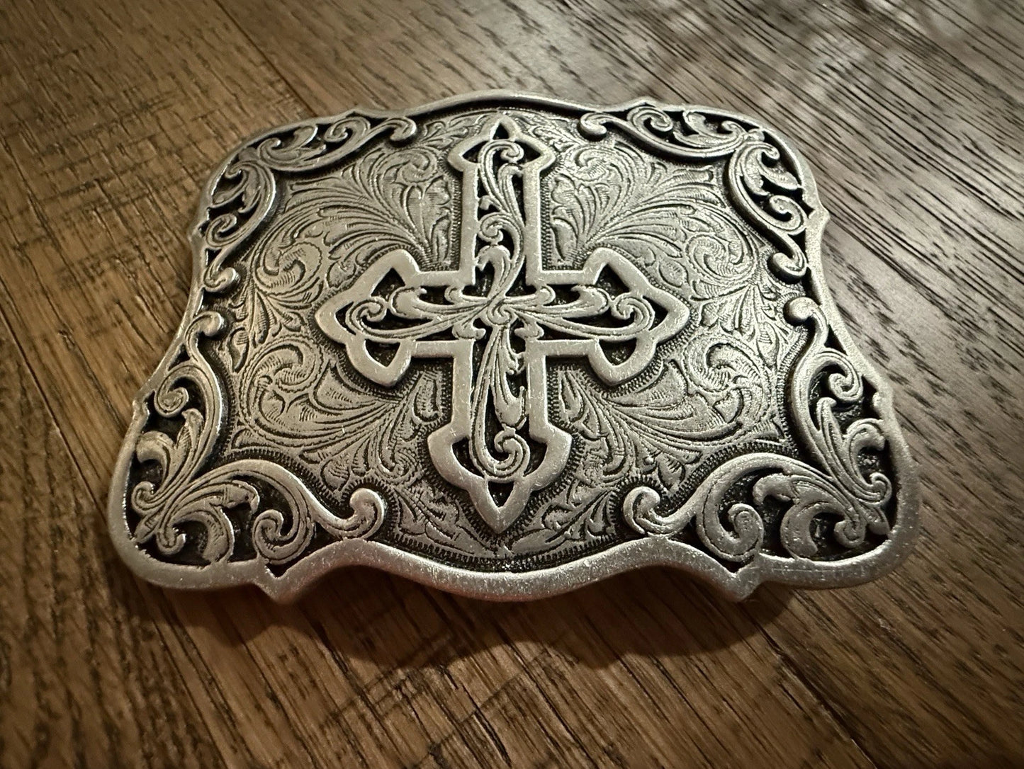 Scrolling Cross Filigree Western Belt Buckle - Antique Silver