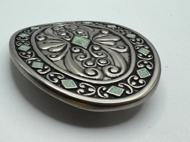 Silver Tone Filigree Leaf Oval Buckle - Western Flower Style