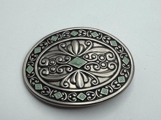 Silver Tone Filigree Leaf Oval Buckle - Western Flower Style