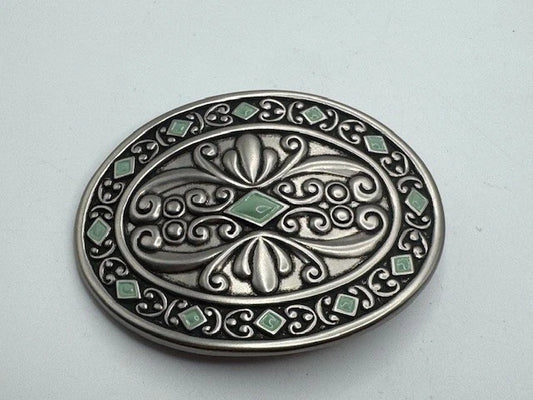 Silver Tone Filigree Leaf Oval Buckle - Western Flower Style