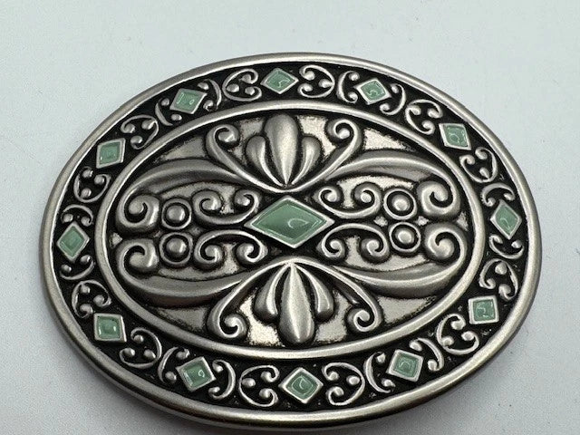 Silver Tone Filigree Leaf Oval Buckle - Western Flower Style
