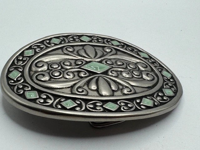 Silver Tone Filigree Leaf Oval Buckle - Western Flower Style