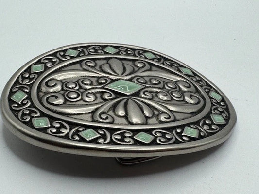 Silver Tone Filigree Leaf Oval Buckle - Western Flower Style
