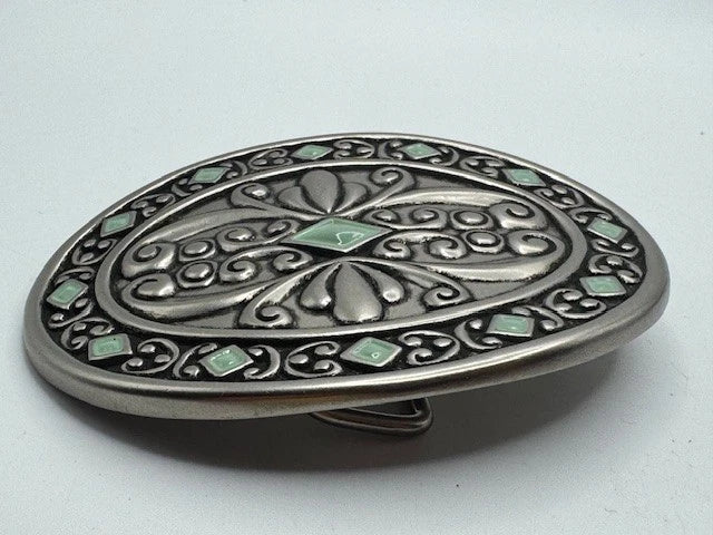Silver Tone Filigree Leaf Oval Buckle - Western Flower Style