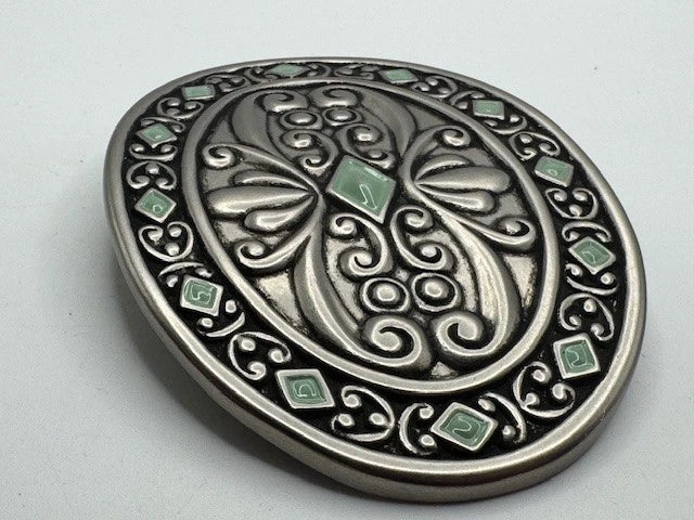 Silver Tone Filigree Leaf Oval Buckle - Western Flower Style