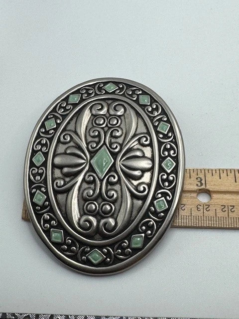 Silver Tone Filigree Leaf Oval Buckle - Western Flower Style