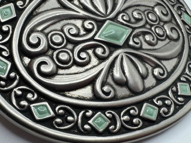 Silver Tone Filigree Leaf Oval Buckle - Western Flower Style