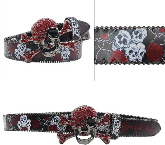 Skull Rhinestone Rose Belt - Y2K Goth Statement Belt