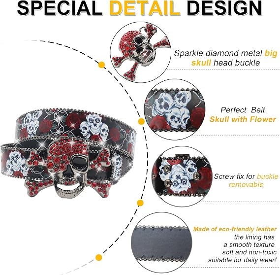Skull Rhinestone Rose Belt - Y2K Goth Statement Belt