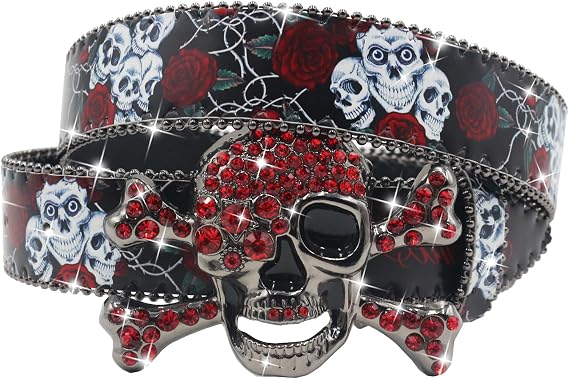 Skull Rhinestone Rose Belt - Y2K Goth Statement Belt