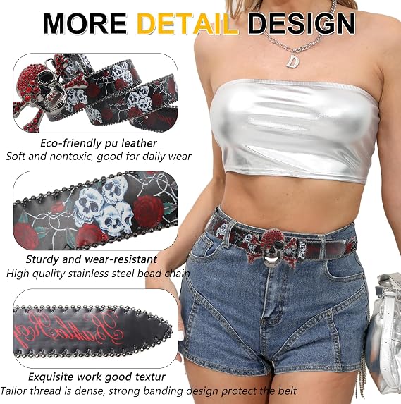 Skull Rhinestone Rose Belt - Y2K Goth Statement Belt