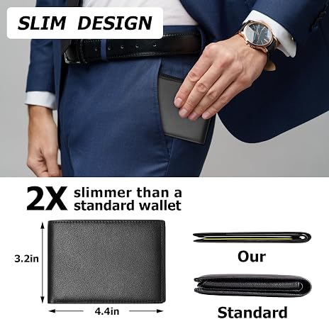Slim Genuine Leather Bifold Wallet with RFID Blocking