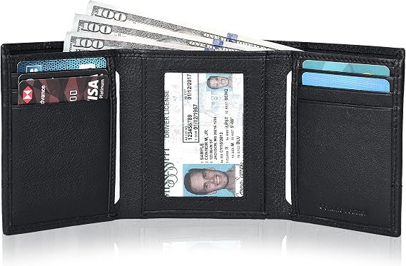 Slim Minimalist Trifold Leather Wallet with RFID Blocking