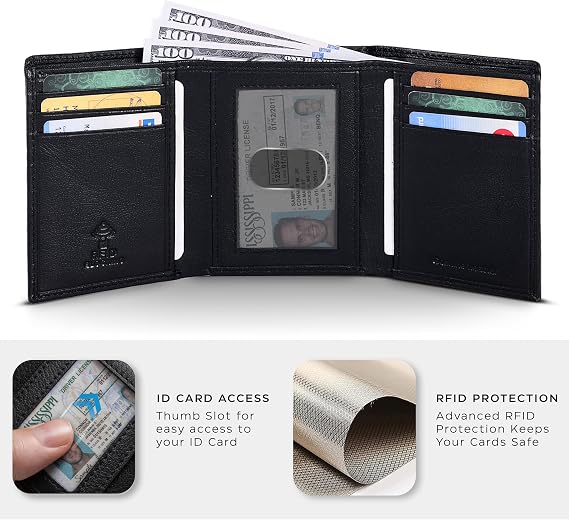 Slim Minimalist Trifold Leather Wallet with RFID Blocking