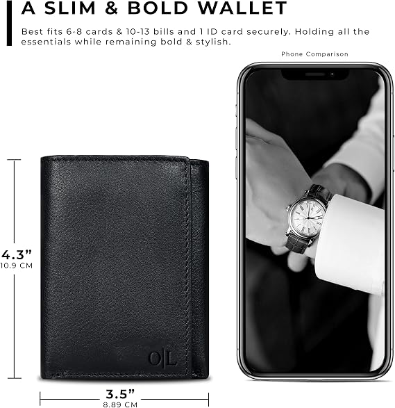 Slim Minimalist Trifold Leather Wallet with RFID Blocking