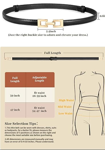 Slim Slide-Adjustable Leather Belt - Gold Buckle, 16 Colors