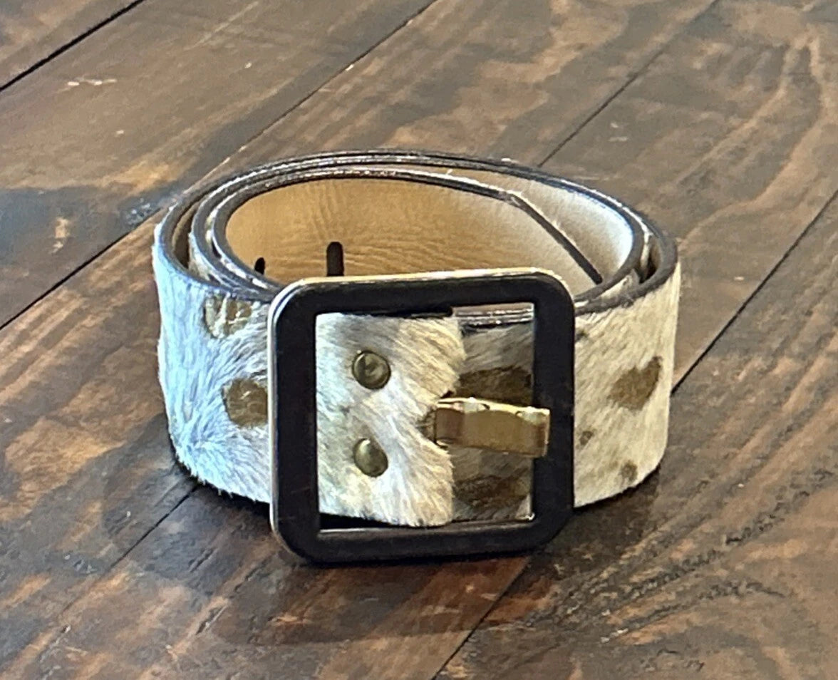 Hair-On Hide Leather Belt with Gold Rhinestone Accents