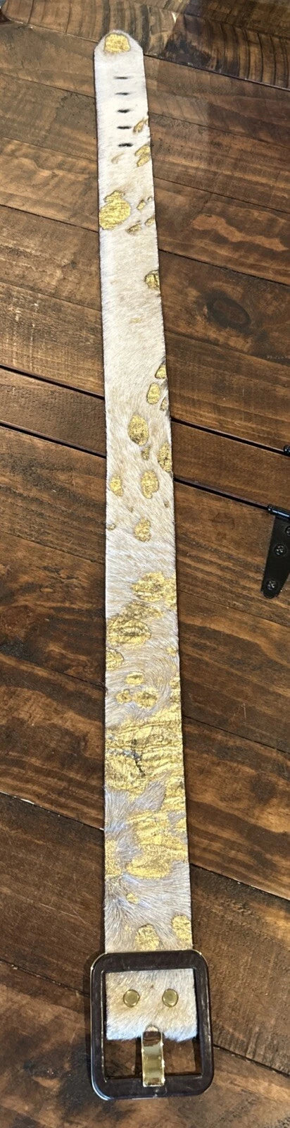 Hair-On Hide Leather Belt with Gold Rhinestone Accents
