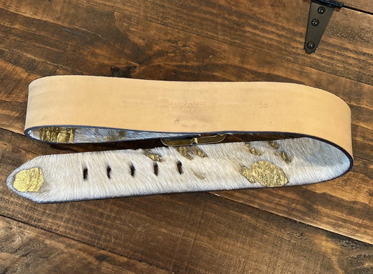Hair-On Hide Leather Belt with Gold Rhinestone Accents