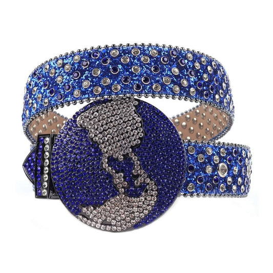 Sparkling Blue Glitter Western Rhinestone Belt with Globe Buckle