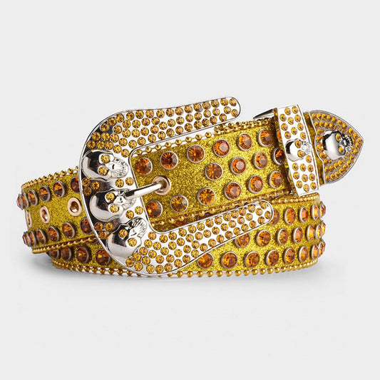 Sparkling Gold Rhinestone Belt with Skull Buckle & Crystal Strap