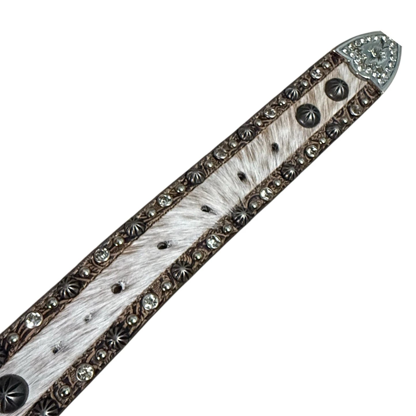 Studded Hair-On Hide Western Belt - Cream Bling Buckle