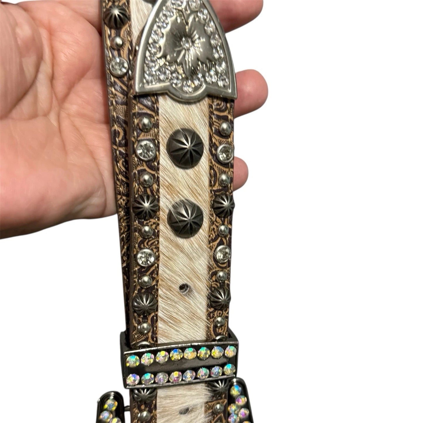 Studded Hair-On Hide Western Belt - Cream Bling Buckle