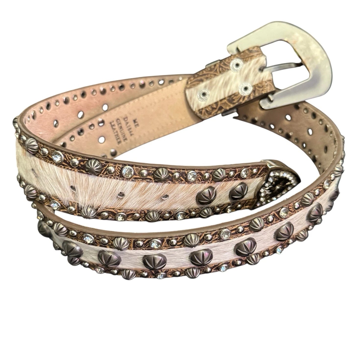 Studded Hair-On Hide Western Belt - Cream Bling Buckle