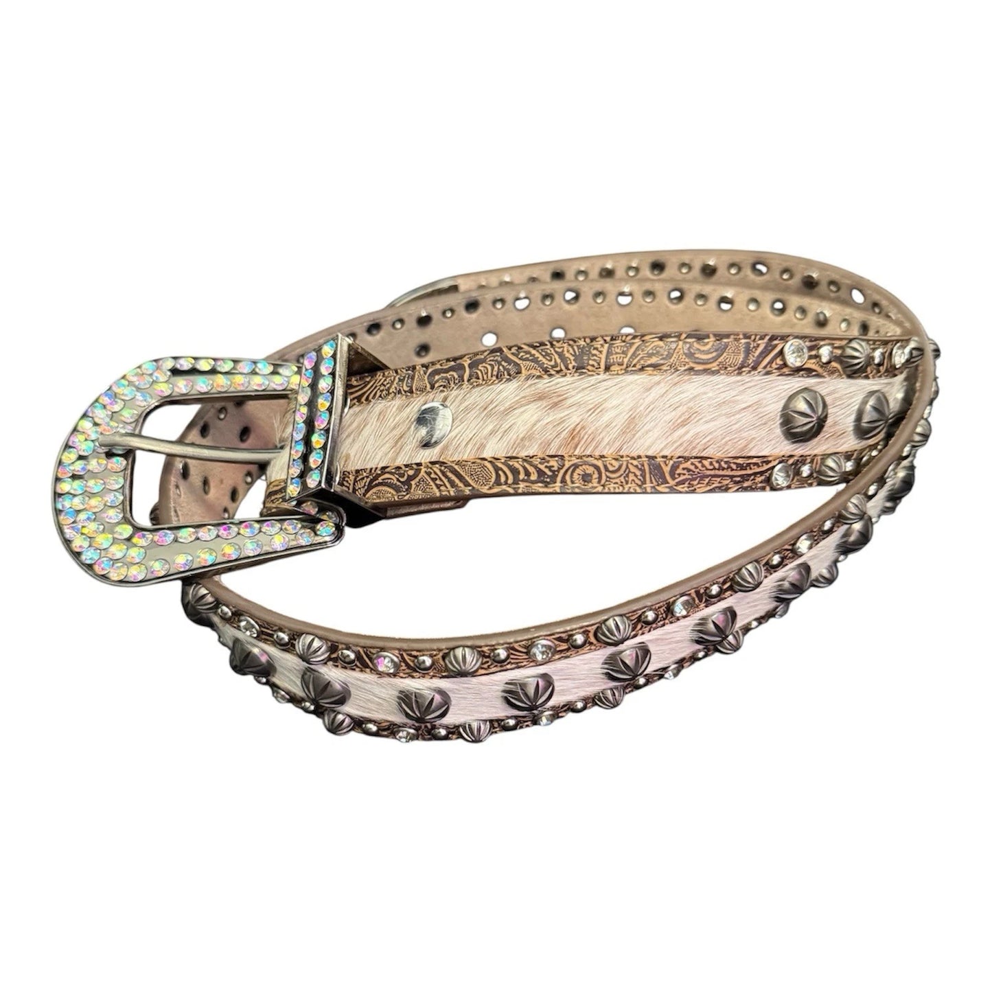 Studded Hair-On Hide Western Belt - Cream Bling Buckle