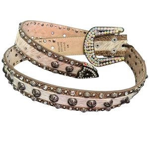 Studded Hair-On Hide Western Belt - Cream Bling Buckle