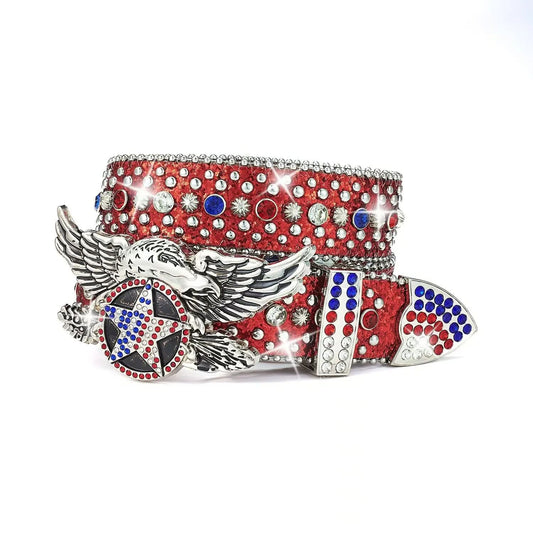 TRB American Eagle Rhinestone Belt - Red | Patriotic Crystal Studded