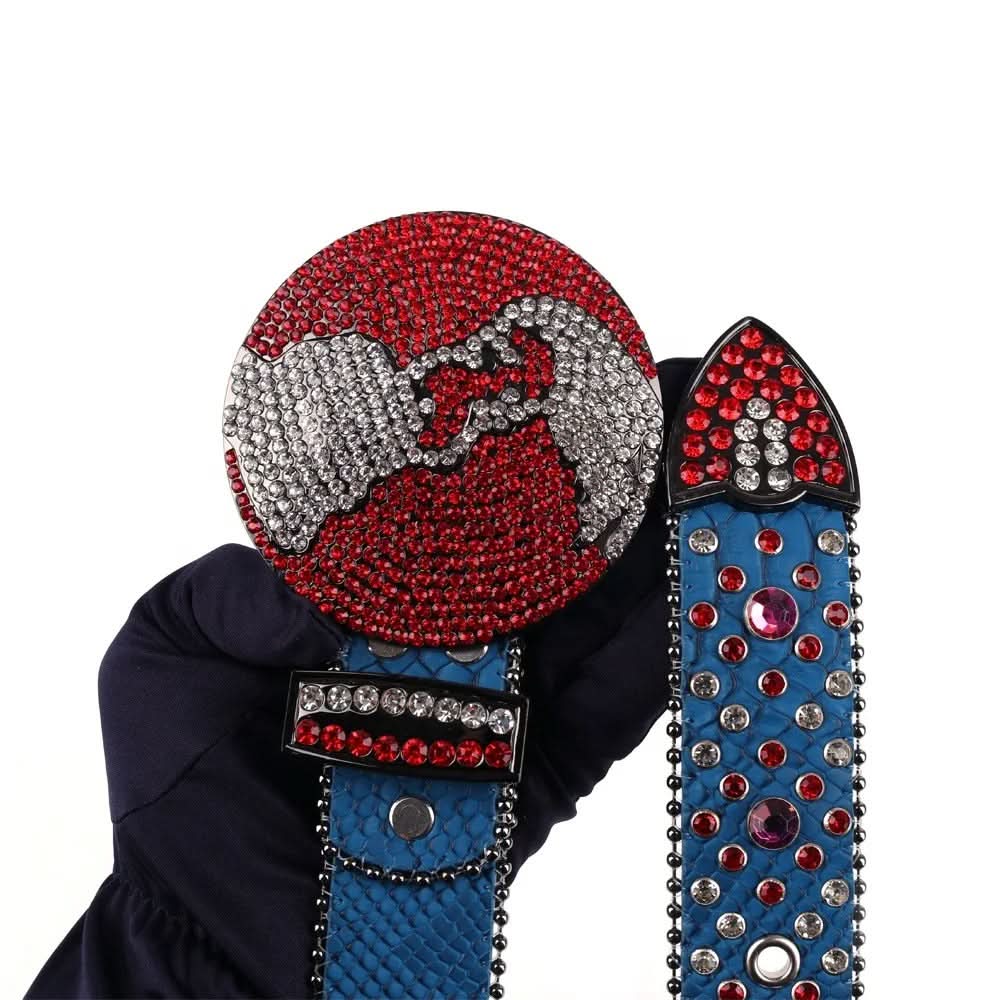 TRB Blue Glitter Rhinestone Belt with Red & Silver Globe Buckle
