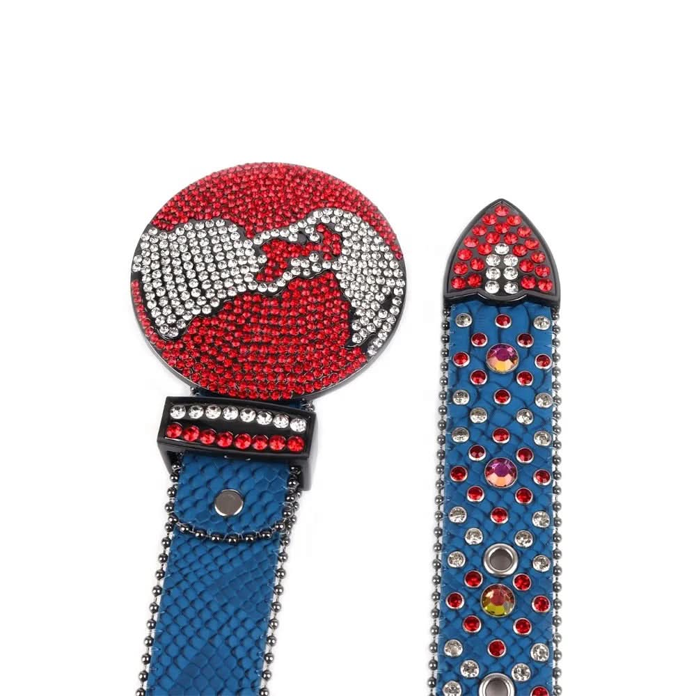 TRB Blue Glitter Rhinestone Belt with Red & Silver Globe Buckle