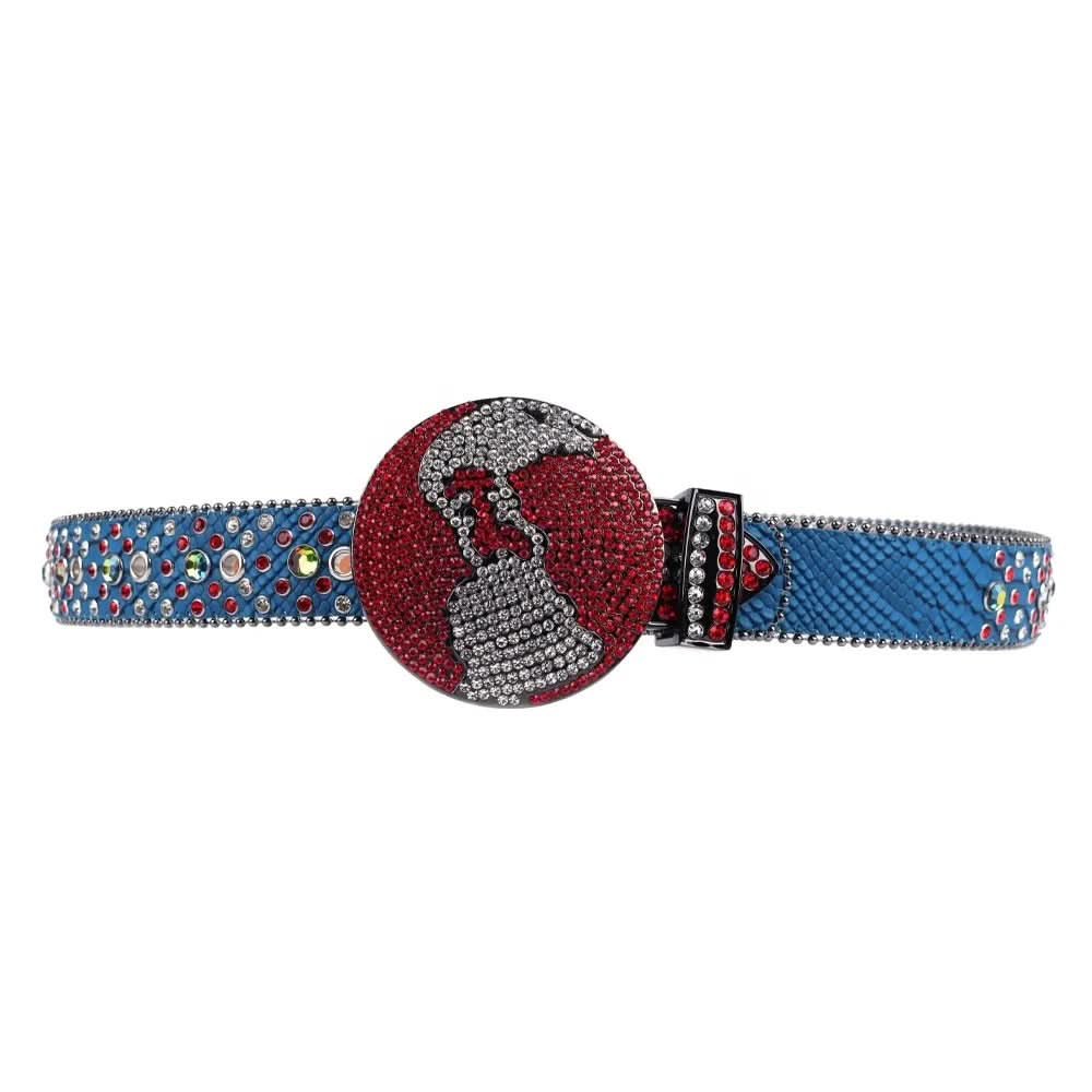 TRB Blue Glitter Rhinestone Belt with Red & Silver Globe Buckle