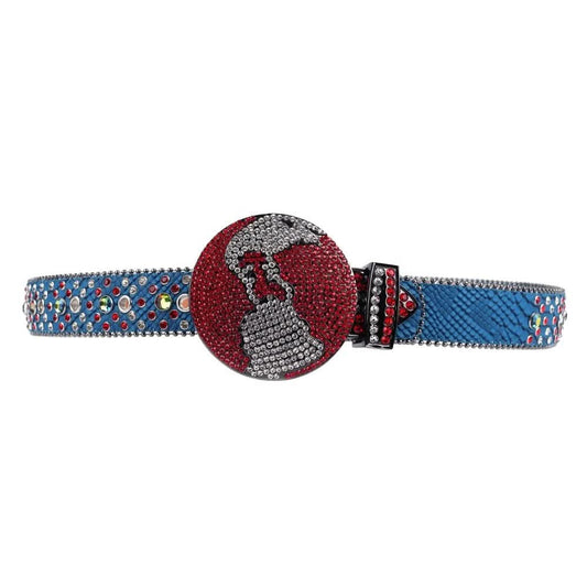 TRB Blue Glitter Rhinestone Belt with Red & Silver Globe Buckle