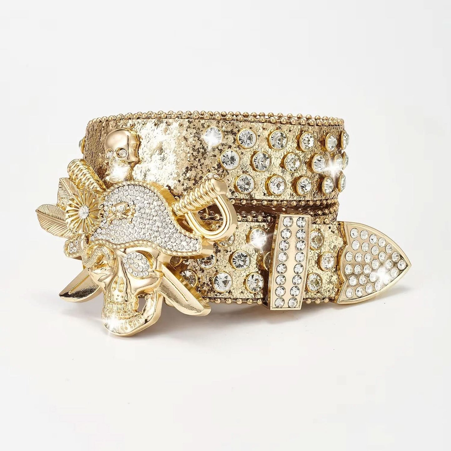 TRB Gold Pirate Skull Rhinestone Belt | Dazzling Statement Buckle