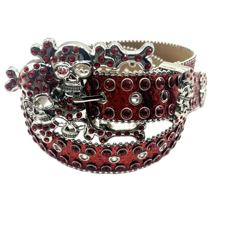TRB Red Rhinestone Skull Belt – Crystal Studded Edgy Glam Fashion
