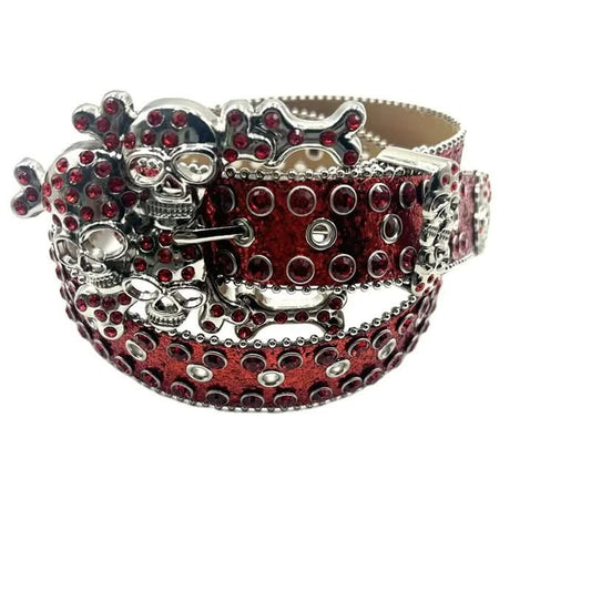 TRB Red Rhinestone Skull Belt – Crystal Studded Edgy Glam Fashion