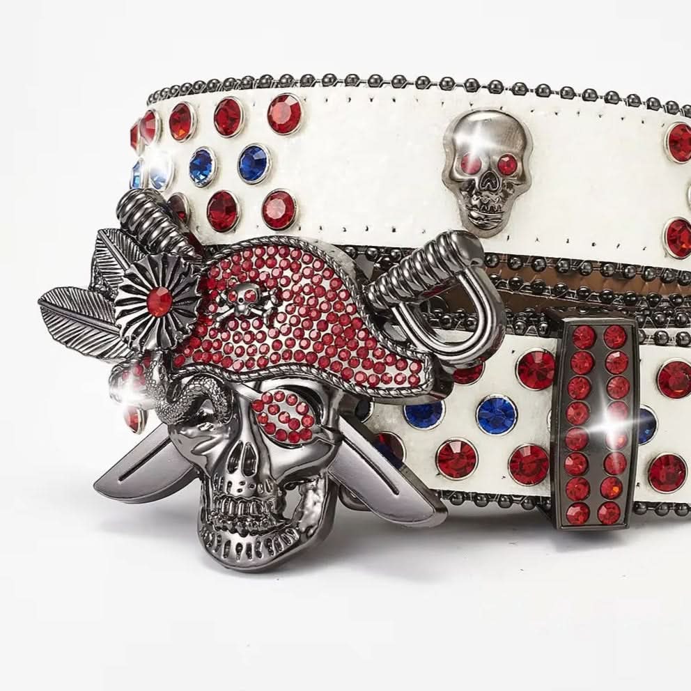 TRB Red & White Pirate Skull Rhinestone Belt - Bold Crystal Buckle