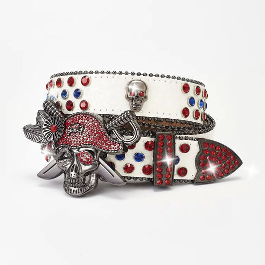 TRB Red & White Pirate Skull Rhinestone Belt - Bold Crystal Buckle