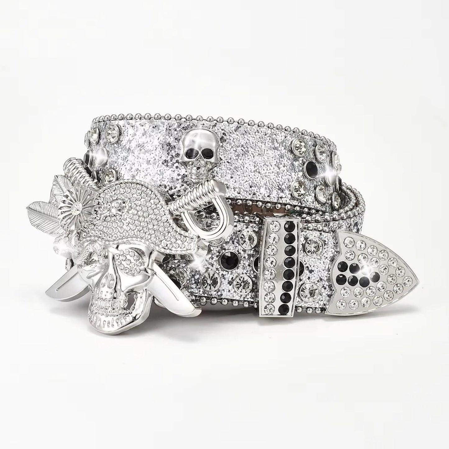 TRB Silver Pirate Skull Rhinestone Belt - Crystal Studded Luxury